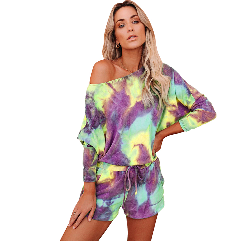 Hot Sale New Arrival Ladies Fashion Tie Dye Home Clothes Women Casual 2 Pieces Shorts + T Shirt Sleepwear Clothing Set Featured Image