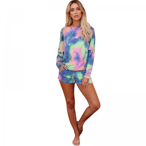 Hot Sale New Arrival Ladies Fashion Tie Dye Home Clothes Women Casual 2 Pieces Shorts + T Shirt Sleepwear Clothing Set